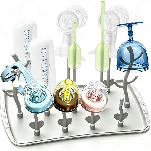 Baby Bottle Drying Rack: Large Vertical Bottle Dryer Rack Holder - Space Saving Standing Drying Rack for Baby Bottles and Pump Part Cleaning (Grey-White)