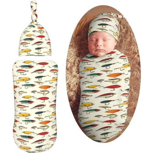 Vintage Fishing Lures Newborn Swaddle Blankets Hat Sets Soft Baby Receiving Blanket Swaddle Sack for Baby Shower Infant Boy Girl Gift