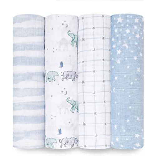 aden + anais Boutique Muslin Swaddle Blanket for Baby Girls and Boys, Newborn Receiving Blanket for Swaddling, 100% Muslin Cotton Swaddle Wrap, 4 Pack, Rising Star