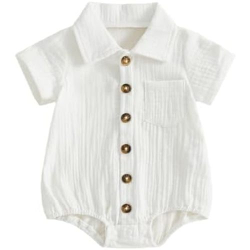 Karuedoo Infant Baby Boy Summer Clothes Muslin Button Up Shirt Bodysuit Short Sleeve Collared Bubble Romper One Piece Outfit
