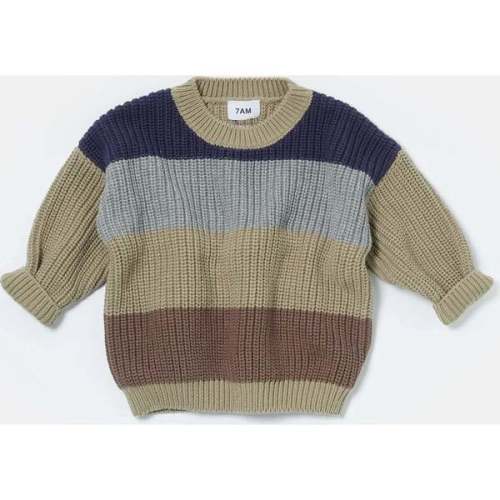 Chunky Boxy Sweater Color Block, Olive Multicolor - 7AM Enfant | Maisonette