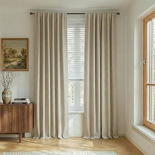 NICETOWN 100% Blackout Beige Linen Curtains 90" Length with Thermal Insulated Liners for Bedroom, Farmhouse Style Room Cooling Window Treatments for Apartment/Condo Dining Room (2 Panels, 52" W)