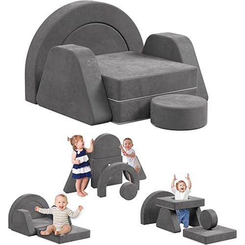 HedoAjim 7 PCS Modular Kids Play Block Sofa Child Couch Toddler Building Fortplay Bedroom Playroom Baby Convertible Floor Foam Cushion for Boys & Girls(Dark Gray-Single)