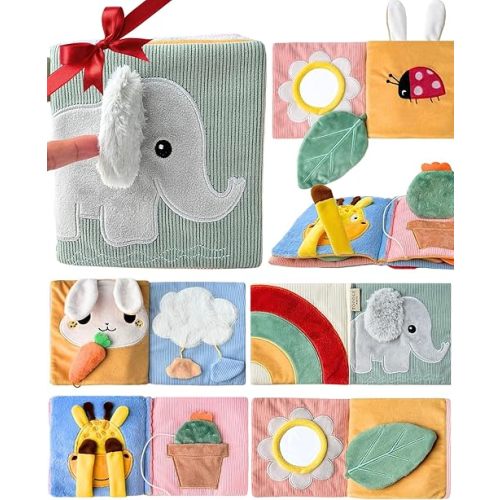Cute Soft Baby Book with Mirror, Activities, Touch and Feel & Crinkle Pages - Interactive Sensory Cloth Toy for Babies 0-6, 6-12 & 12-18 Months - Adorable Animal Themes for Early Development