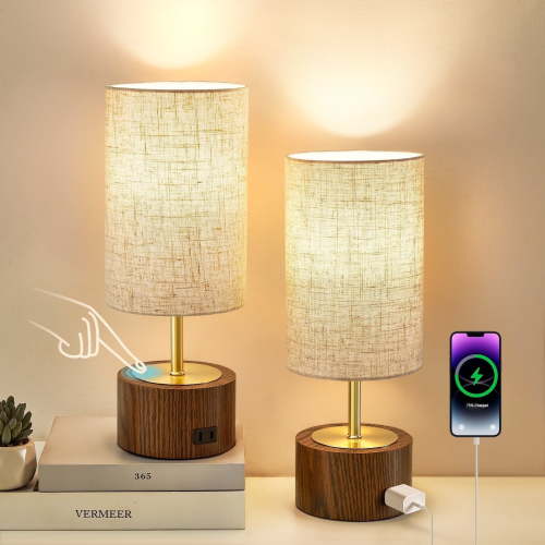 NATYSWAN Small Table Lamps for Bedroom,Modern Touch Lamps Set of 2 with USB Ports and Fabric Shade, Minimalist Desk Lamp for Living Room Office Dorm Kids Room