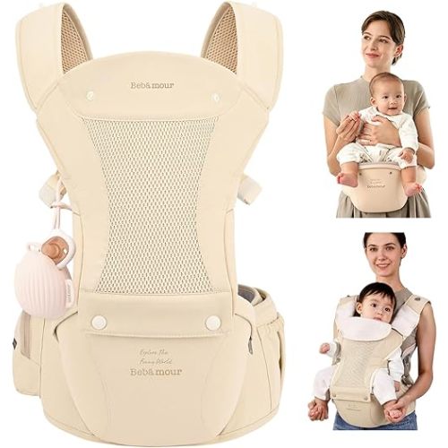 Bebamour Baby Carrier with Hip Seat,All-Position Breathable Mesh Hip Seat & Carrier 0-36Months with Head Hood, 3 PCS Teething Pads, Waist Extender,Storage Bag & Pacifier Case,Gold