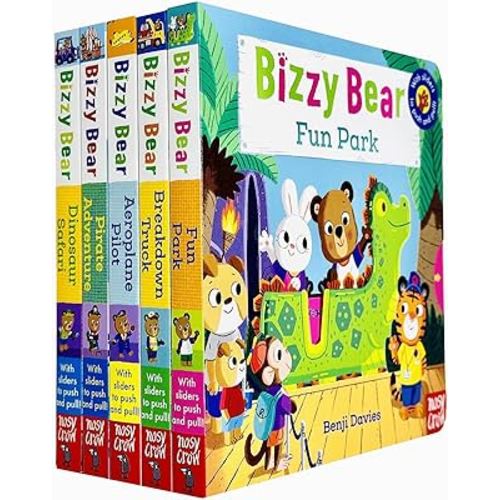 Bizzy Bear Series 5 Books Collection Bundle Set(Fun Park, Breakdown Truck, Aeroplane Pilot, Pirate Adventure & Dinosaur Safari)(With Sliders to Push and Pull!)