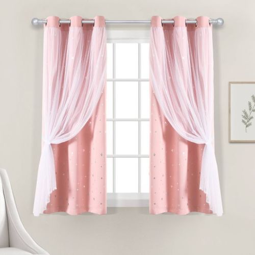 38"x63" Kids' Star Sheer Insulated Grommet Blackout Window Curtain Panel Set Pink - Lush Décor