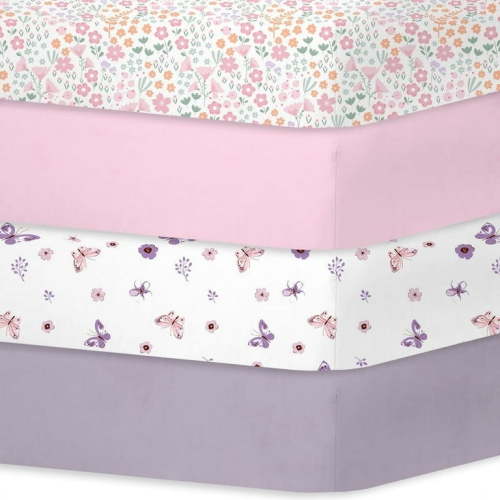 Little Grape Land Crib Sheets for Baby Girls 4 Pack, 28"x 52" Extra Soft Microfiber Crib Sheet Set for Standard Crib & Toddler Mattress Pad, Tiny Petals & Pink & Butterfly & greyish purple