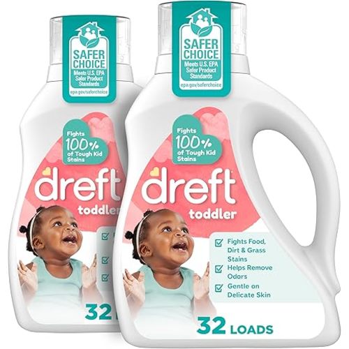 Dreft Toddler Liquid Laundry Detergent, Gentle on Sensitive Skin Laundry Soap, 42 fl oz, 32 Loads, Pack of 2 (Packaging May Vary)