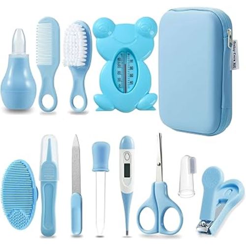 PandaEar Baby Healthcare and Grooming Kit, Baby Safety Set Baby Comb, Brush, Finger Toothbrush, Nail Clippers, Scissors, Nasal Aspirator, Baby Essentials Nursery Care Kit (13-in-1 Blue)