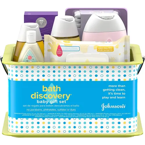Johnson's Bath Discovery Gift Set for Parents-to-Be, Caddy with Baby Bath Time & Skin Care Essentials, Bath Kit Includes Baby Body Wash, Shampoo, Wipes, Lotion & Diaper Rash Cream, 7 Items