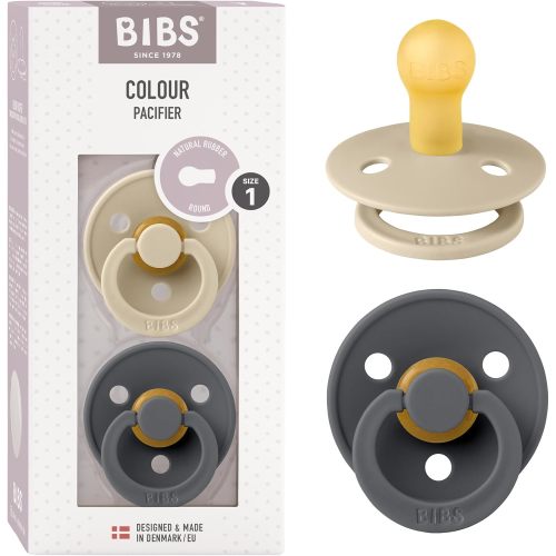 BIBS Colour Pacifiers | Set of 2 BPA-Free Latex Baby Pacifiers | Round Nipple | Made in Denmark (Vanilla/Iron | 0-6 Months)