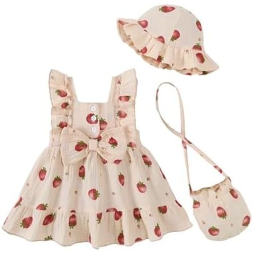 Renotemy Newborn Infant Baby Girl Dresses Summer Outfits Boho Casual Sundress Gifts Toddler Clothes for Girl with Hat and Bag