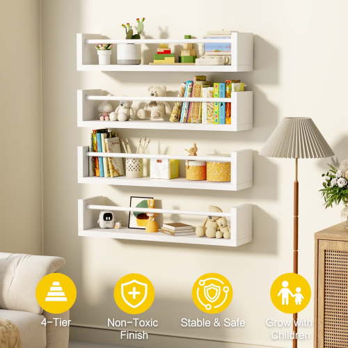 VUSIGN 4-Tier Wall Kids Bookshelf, 16.5 Inch Floating Nursery Book Shelves for Kids Room Toddler Bedroom Furniture Toy Storage