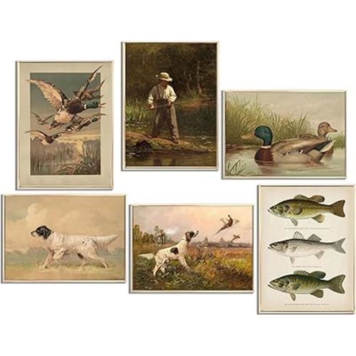 6Pcs Nursery Hunting Wall Art Vintage Fishing Boy Wall Decor Mallard Duck Painting Pictures Hunting Dog Pheasant Posters Prints for Boys Room Farmhouse Canvas Unframed