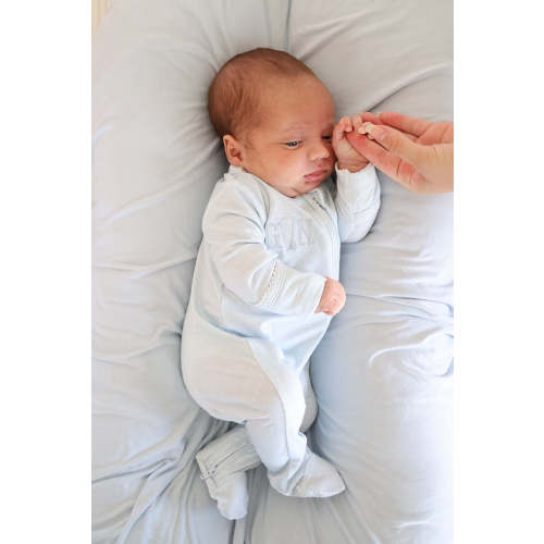 Picot Trim Bamboo Zipper Footie in Baby Blue | Caden Lane