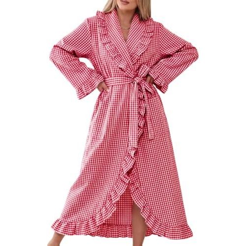 Gihuo Cotton Robes for Women Gingham Long Sleeve Ruffle Trim Bathrobe