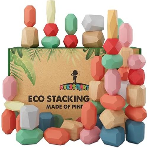 36 Pcs Wooden Stacking Blocks – Montessori Toys for 1 2 3 4 5 6 Year Old Toddlers and Kids, XL Rocks, No Choking Hazard – Sensory STEM Building Stones, for Girls and Boys