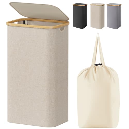 Lifewit 100L Laundry Basket with Lid, Clothes Hampers for Laundry with Bamboo Handles and A Removable Bag, Large Foldable Laundry Hamper for Bedroom, Bathroom, Dorm, Laundry Room, Beige