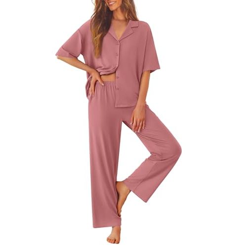Ekouaer Women Pajamas Set Button Down Sleepwear Short Sleeve Pjs Long Pants | Soft Comfy Nightwear,2 Piece Loungewear for Daily Wear,Wedding,Party,Postpartum,S-XXL