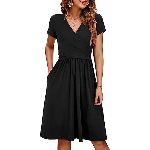 OUGES Maternity Nursing Dress Breastfeeding Short Sleeve V Neck Casual Pregnancy Clothes with Pockets