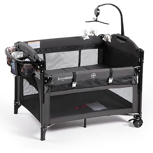 Baby Bassinets Bedside Sleeper, 4 in 1 Portable Bedside Crib w/Mattress, Diaper Changer, Storage Basket, Music Box, Carry Bag, Foldable Playard Sleeper for Newborn (Black)