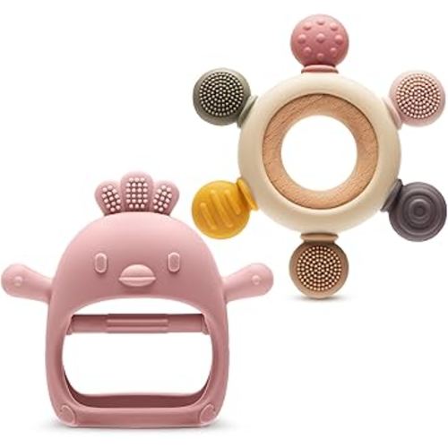 2 Packs Baby Teething Toy for 3-6 6-12 Months, Teether Mitten & Silicone Rudder with Wooden Ring, Food Grade Silicone, BPA-Free, Baby Chew Toys for Sucking Needs