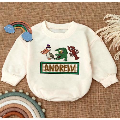 Personalized Louisiana Mardi Gras Animal Romper Sweatshirt, Custom Carnival Name Baby Outfit,Pelican Alligator Lobster Design,Baby Gift Idea