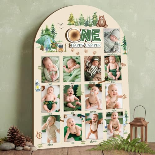 R HORSE 3D My First Year Photo Display Wood Board, Fits 2 x 3 inch Photo | One Happy Camper Baby First Year Picture Frame, 12 Months Milestone Board, Birthday Decoration, Keepsake Gift, Nursery Decor