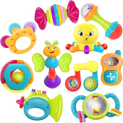 iPlay, iLearn 10PCS Baby Rattle Toys 3-6-12 Months, Infant Sensory Teething | Babies Rattles Teether Set, Grab Shake Development Learning Toy, Newborn Shower Birthday Gift 0 1 2 4 5 7 9 10 Month Boy Girl