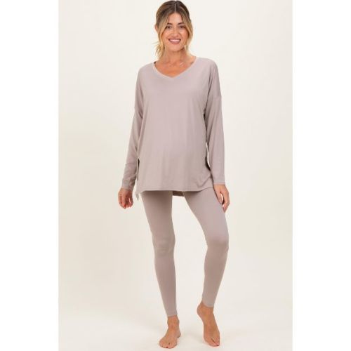 Pinkblush Beige Brushed Knit Maternity Oversized Top and Legging Set Large