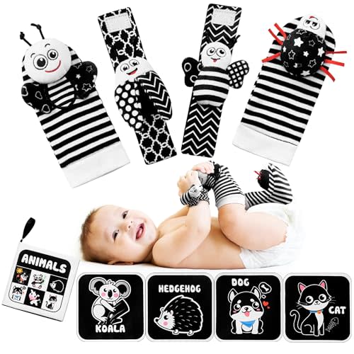 High Contrast Baby Toys Infant Rattle Socks and Wristband Set, Tummy Time Sensery Toy Gifts for Newborn 0-12 Months, Montessori Black and White Toys for Boys and Girls As Baby Shower Gifts
