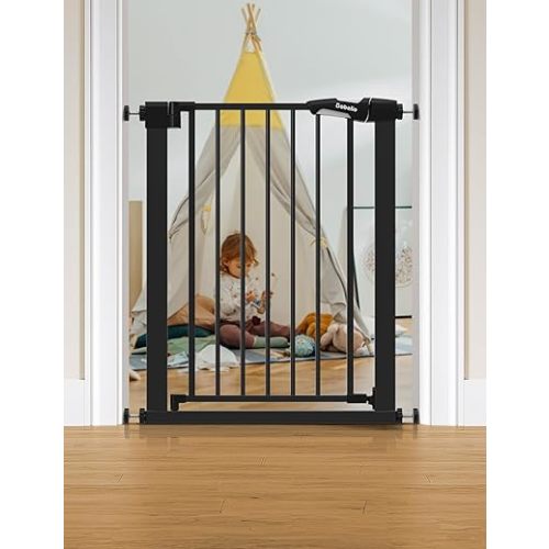 BABELIO 26-28.5 Inch Narrow Easy Install Baby Gate, Auto-Close Pet Gate for Small Stairs and Doorways, NO Drilling Pressure Mounted, NO Extensions, Black