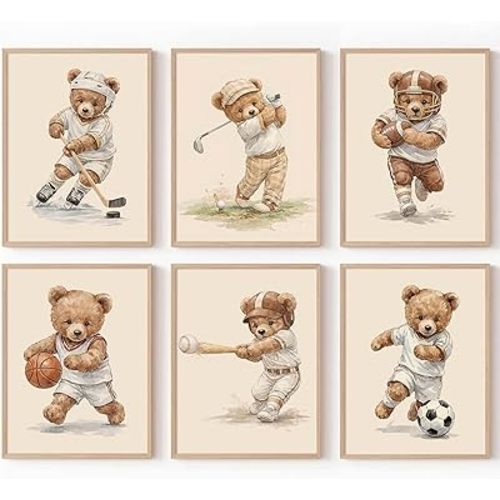 Teddy Bear Nursery Wall Decor Baby Boy Room Wall Art Vintage Sports Canvas Posters Teddy Bear Boy Prints Nursery Baby Pictures Painting Golf Artwork for Children Playroom 8x10 Inch Unframed Set of 6