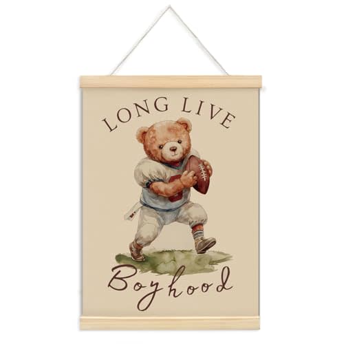 ShowDraven Boys Toddler Football Room Decor Framed with Wood Hanger, Long Live Boyhood Bear Nursery Decor, Vintage Sports Football Nursery Wall Art for Boys Kids Room Bedroom Playroom, 12x16 Inches