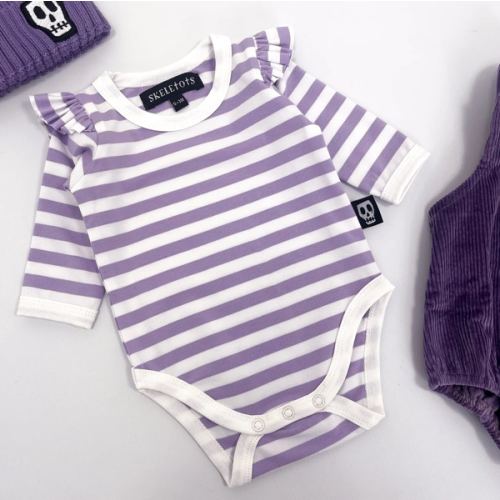 Baby Bodysuit - Striped Dusky Lilac & White with Frilled Sleeves - Gothic Fashion – Skeletots