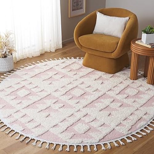 SAFAVIEH Moroccan Tassel Shag Collection Area Rug - 6'7" Round, Ivory & Pink, Non-Shedding & Easy to Clean, Plush High-Low Texture, Ideal for Living Room, Bedroom, Dining Space (MTS688U)