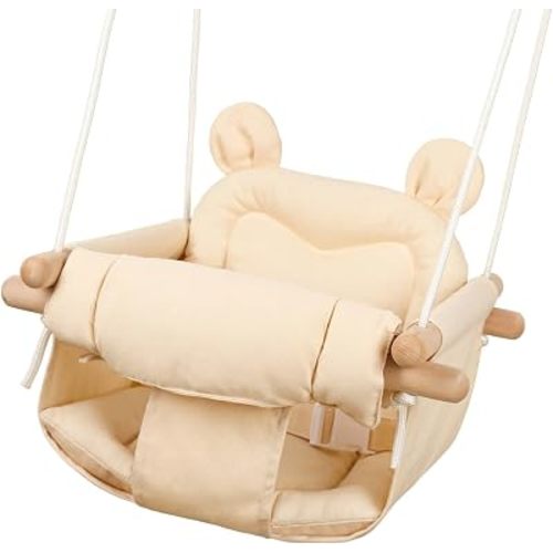 Baby Swing, Canvas Baby Swing Baby Hammock Swings, Secure Baby Swing Seat, Wooden Hanging Toddler Swing Seat, Tree Toddler Swing for Infant & Toddler Kids 6 Months - 3 Years(Cream)
