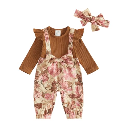 Newborn Baby Girl Fall Outfits Faux‑Two‑Piece Ruffle Romper Headband | Baby Hunting Clothes, Knitted Cotton Ribbed Long Sleeve Leaf/Hunting Camo Jumpsuit, Infant Girl Clothes 0 3 6 12 18 Months.