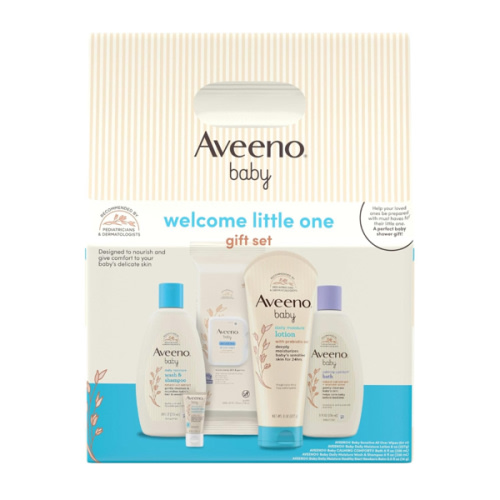 Aveeno Baby Welcome Little One Gift Set, Baby Skincare Set with Nourishing Baby Body Wash & Shampoo, Calming Bath Wash, All Over Baby Wipes, Daily Moisturizing Lotion, & Baby Balm, 5 Items