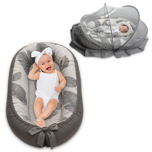 Baby Lounger for Newborn 0-24 Months, with Mosquito Net, Breathable & Soft Baby Nest, Portable & Lightweight (Grey)