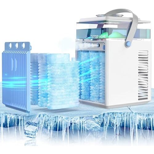 Portable Air Conditioner Fan, Rechargeable 4-IN-1 Personal Mini Cooler Humidifier, 3-Speed Evaporative Air Cooler with 7 Color Lights, Cordless AC Desktop Spray Fan, Quiet Desktop Cooler