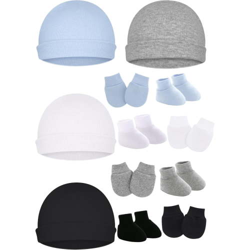 Monebena Cotton Baby Hats Mittens and Socks Set Unisex, Toddler No Scratch Mittens and Beanie Cap Infant Newborn Hospital Hat M01