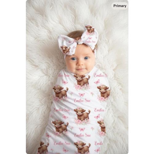 Personalized Highland Cow Swaddle, Custom Baby Girl Blanket, Bow Knotted Hat or Beanie, Baby Nursery Decor, Baby Shower Gift, Photo Prop