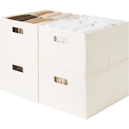 StorageWorks Fabric Storage Bins for Shelves, Closet Organizers and Storage Baskets, Closet Storage Bins with Cutout Handles, Large, 4-Pack, Ivory