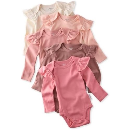 ASHLEY 5-Pack Long Sleeve Ruffle Shoulder Bodysuits 100% Organic Cotton Clothes for Newborn and Baby Girls