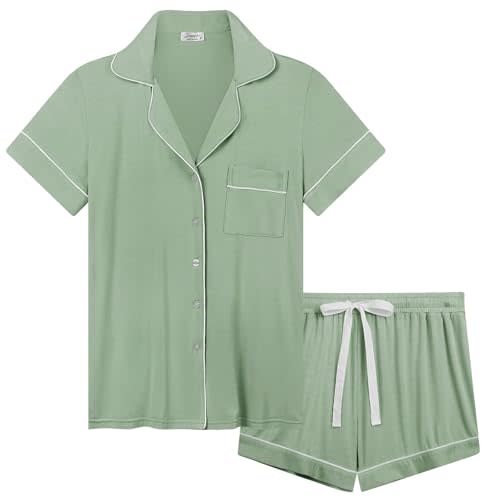 Cherrydew Women Bamboo Viscose Super Soft Comfy Summer Cooling Short Sleeve Button Down Pajama Shorts Set S-XXL