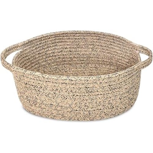 ABenkle Small Basket with Handles, Boho Decorative Rope Woven Dog Cat Toy Storage Bin Shelf Storage Organizer, Easter Christmas Gift Basket, 12"x8"x5"