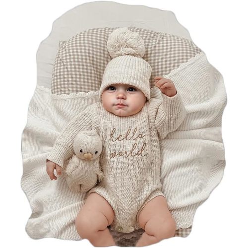Ylsteed Infant Baby Sweater Romper and Hat Baby Girl Boy Knitted Sweatshirt Pullover Tops Fall Winter Clothes Baby Boy Girl Outfit Infant Embroidery Clothes Newborn Photography Outfits Girl Boy